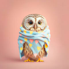 A cute, little, baby owl in warm winter clothes and blanket symbol of love. Pastel, animal concept. Valentine's Day, love, cute fairy tale creature. Illustration. Generative AI.