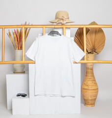 A shirt hanged on to a ladder with minimalistic decorations