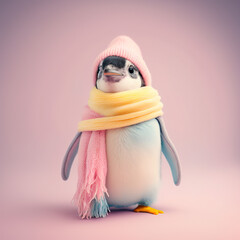 A cute, little, baby penguin in warm winter clothes, symbol of love. Pastel, animal concept. Valentine's Day, love, cute fairy tale creature. Illustration. Generative AI. - obrazy, fototapety, plakaty