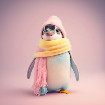 A cute, little, baby penguin in warm winter clothes, symbol of love. Pastel, animal concept. Valentine's Day, love, cute fairy tale creature. Illustration. Generative AI.