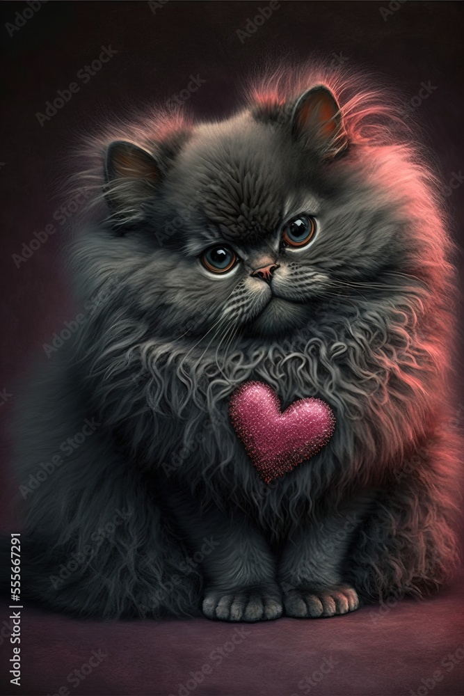 Poster a cat with a heart on its chest sitting down on a red background with a black background and a red b