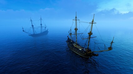 Two sailing ships in the blue haze of the ocean © MICHAEL KUK