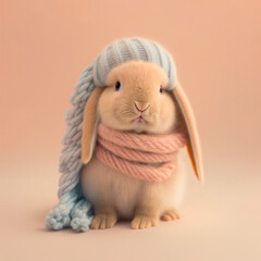 A cute, little, baby rabbit in warm winter clothes, symbol of love. Pastel, bunny animal concept. Valentine's Day, love, cute fairy tale creature. Illustration. Generative AI.
