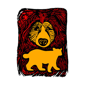 Abstract head of the bear. silhouette of bear in lino print.