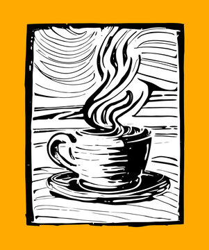 coffee cup with smoke in lino print style. lino cut print poster