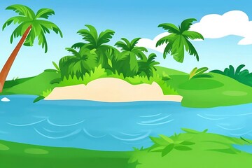 Fototapeta na wymiar Zeichnung einer tropischen Insel mit Palmen - Generative AI