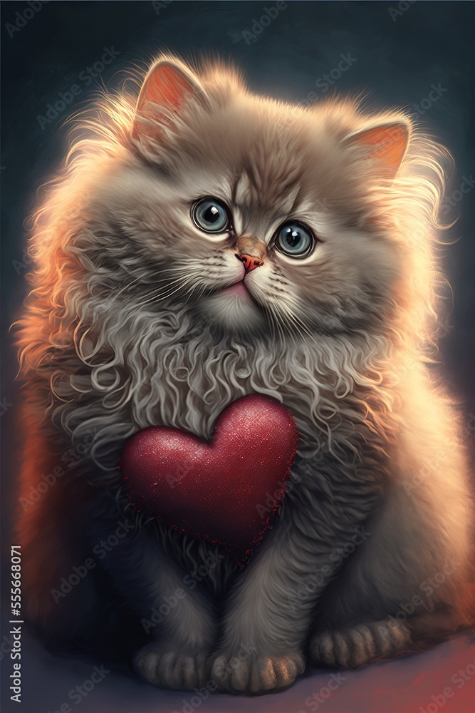 Poster a cat with a heart on its chest sitting down with a black background and a red heart in the middle.,
