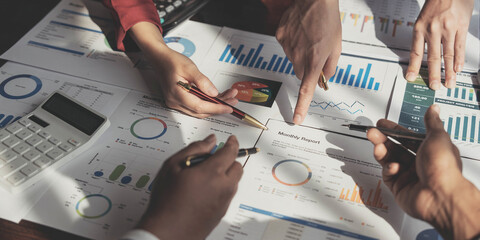 Business financial, accountant discussing with partner are meeting to audit finance planning sales...