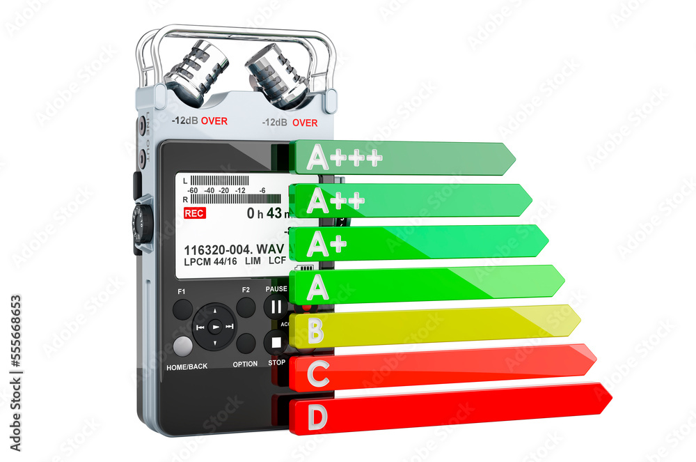 Poster digital voice recorder with energy efficiency chart, 3d rendering