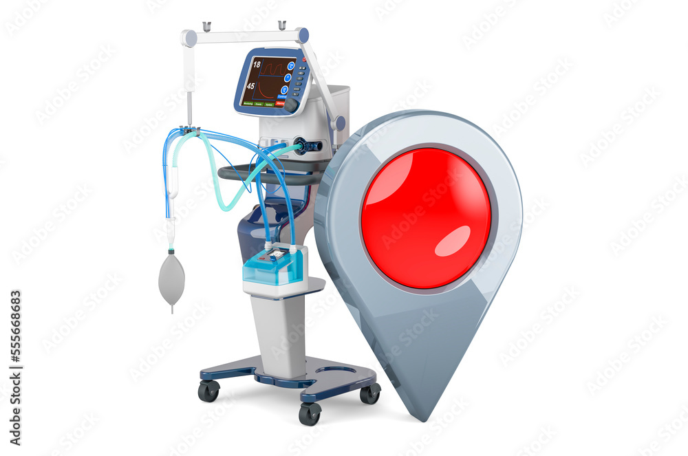 Poster medical ventilator with map pointer. 3d rendering
