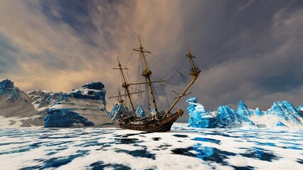 Sailing ship frozen in ice