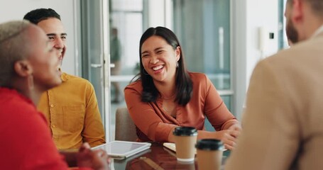 Meeting, office and business people laughing, talking and having casual conversation. Comic, documents and woman telling funny joke, meme or story to employees, group or friends in company boardroom. - Powered by Adobe