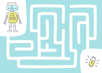 Fototapeta premium Mini labyrinth game with cute robot for children. Vector maze with cartoon friendly robot for kids.