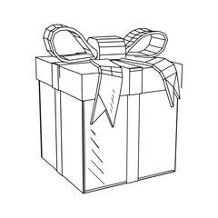 Monochrome illustration of gift box in sketch style. Hand drawings in art ink style. Black and white graphics.