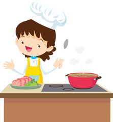 Cooking children girl Little kid making delicious food professional chef