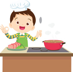 Cooking children boy Little kids making delicious food professional chef
