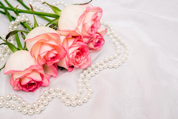 The branch of pink rose on white fabric background
