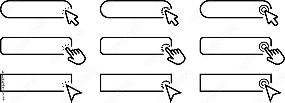Aufkleber Click cursor set button with hand pointer clicking. Click here web button sign. Isolated website buy or register bar icon with hand finger arrow clicking cursor