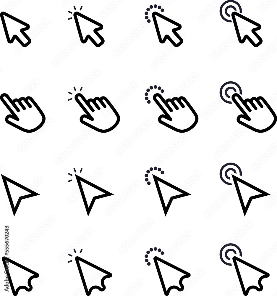 Poster Mouse cursor arrows and hands flat style design vector icon collection