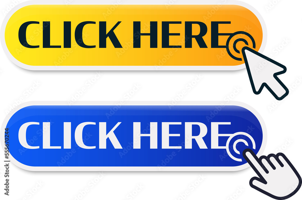 Aufkleber Click Here Button with Click cursor. Set for button website design. Click button. Modern action button with mouse click symbol