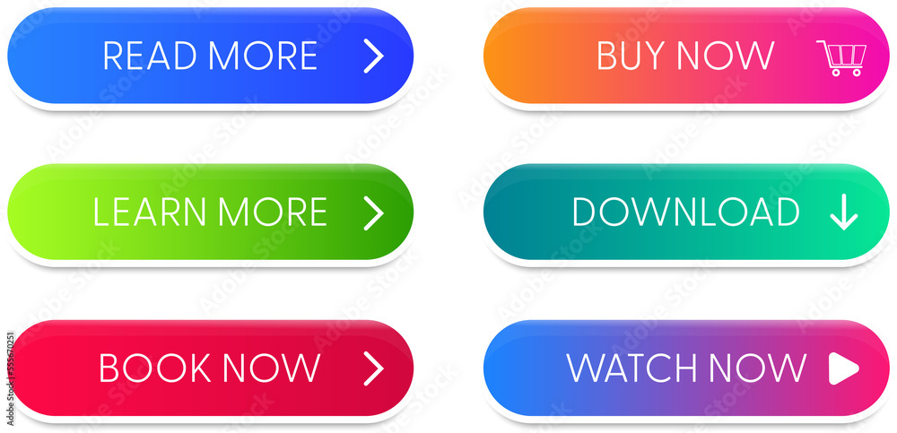 Poster Set of vector modern material style buttons. Different gradient colors and icons on white forms with shadows