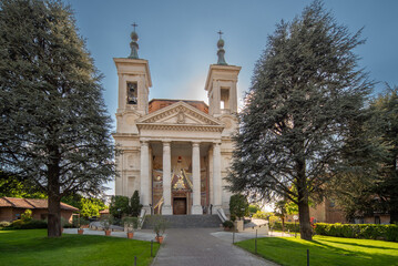 Bra, Italy - May 01, 2022: Madonna dei Fiori Sanctuary, new church (20th century) with two bell...