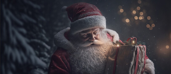Fototapeta premium Portrait of thoughtful Santa Clause in traditional red costume holding a present in the woods. Generative AI. High quality illustration