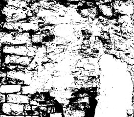 Texture of old dark gloomy dirty crumbling brick wall of ancient facade. Uneven pitted rot surface of fissured brickwork. Rusted ragged flaky particles. Decayed daub brickwall background for 3D design