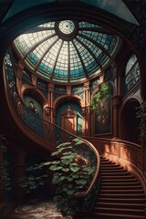 Obraz premium Interior of the villa. Staircase with skylight windows at the top. Fantasy room. Generative ai. 