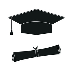 Black graduation hat and education diploma scroll. Graduation celebration cap pictogram for web and applications. Vector icon isolated on white background.