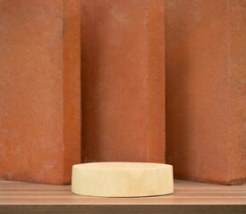 empty beige wood podium on tabletop with brown brick block wall background with space.organic...