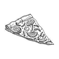 Slice of pizza with mushrooms, peppers and cherry tomatoes, vector hand drawing isolated from background. Fast food
