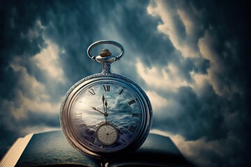 Old pocket watch on bible book. Passing of time concept. Clouds and sky. Fantasy scene. Generative ai. 