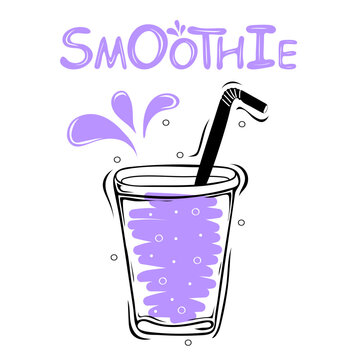 Plastic cup with smoothie. Summer drink. Healthy food poster. Hand drawn vector elements of smoothies, lemonade, fresh, juice, detox and fruits in sketch style
