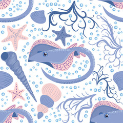 Batomorphi sea life, fish, animals bright seamless pattern. sea travel, snorkeling with animals, tropical fish