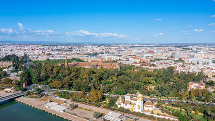 Aerial view of the Spanish city of Seville in the Andalusia region on the river Guadaquivir overlooking Plaza de Espana and Parque Maria