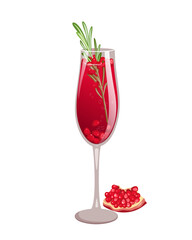 Pomegranate champagne .Christmas cocktail of mimosa with champagne and pomegranate, decorated with rosemary.
