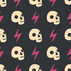 Skull, snake, goblet, magic symbols seamless pattern. Magic and death, on a dark background.