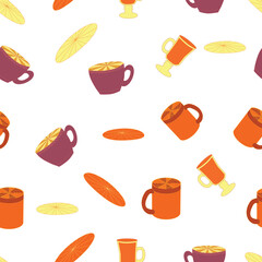 Cups and saucers bright seamless pattern. Tea, tea shop, coffee. Wallpaper, wrapping paper