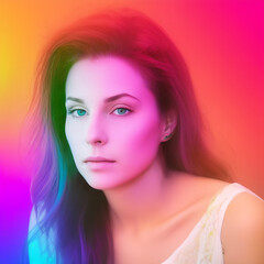 Naklejka premium Concept of woman self awarness, spirituality and philosophy. Abstract portrait of young female with rainbow colors. Generative AI