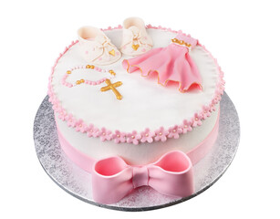 Christening cake for a newborn girl. Decorated with sugar paste. In pink and gold colors. On a white background.