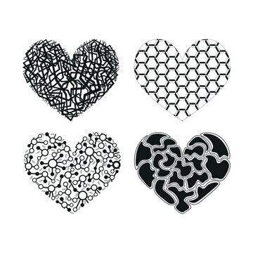 Collection of monochrome illustrations of abstract hearts in sketch style. Hand drawings in art ink style. Black and white graphics.