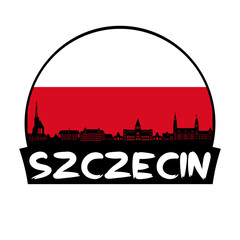 Szczecin Poland Flag Skyline Silhouette Retro Vintage Sunset Szczecin Lover Travel Souvenir Sticker Vector Illustration SVG EPS