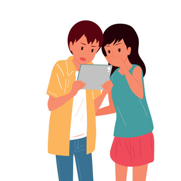 The guy and the girl are looking at the screen of the tablet. Emotions. Vector.