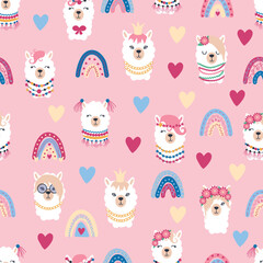 Obraz premium Seamless pattern with llama, alpaca faces. Cute drawings of llama head with hearts, inscription, mountains, cacti, star, dreamcatcher