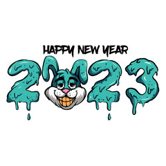 Happy New Year Lettering with smilling rabbit.
handrawn vector illustration happy new year