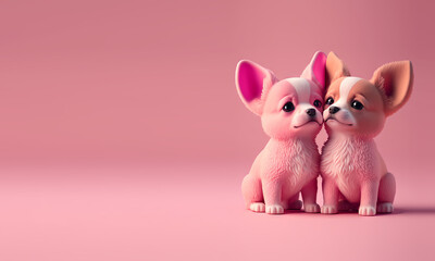 Two cute dogs in love on pink empty background. Puppys celebrating Valentine’s Day. Pets close to eachother in cartoon style. Fictitious generative Ai