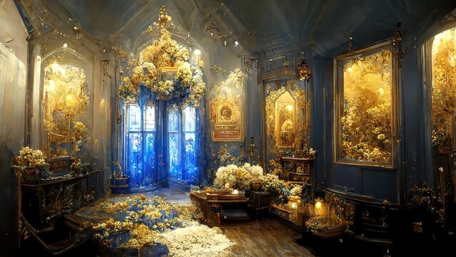 Golden And Ultramarine Blue Interior. Flowers. Baroque Style. Generative Ai. 