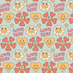 Groovy patterns  funny happy daisy, love, star.   Pattern heart  in trendy retro psychedelic cartoon style.