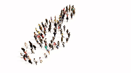 Concept or conceptual large community of people forming the image of a musical note on white background. A 3d illustration metaphor for music, concert, accoustic, orchestra, education and culture